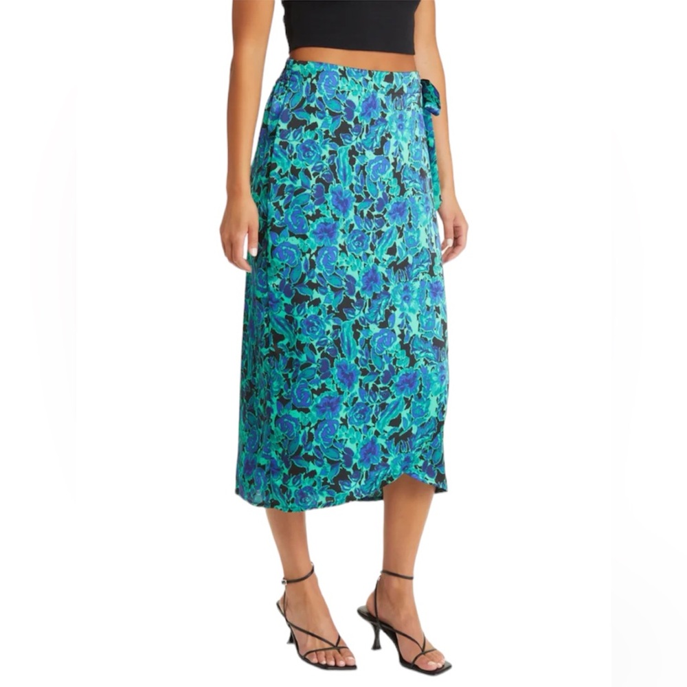 Vero Moda Ulina Floral Wrap Skirt blue green satin finish size small
